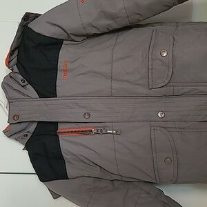 EUC Osh Kosh snow suit. Grey and Orange. Fur hood. Size 7